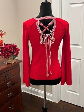 Olivia Warren Red Lace Up Cutout Back Bell Sleeve Sweater S